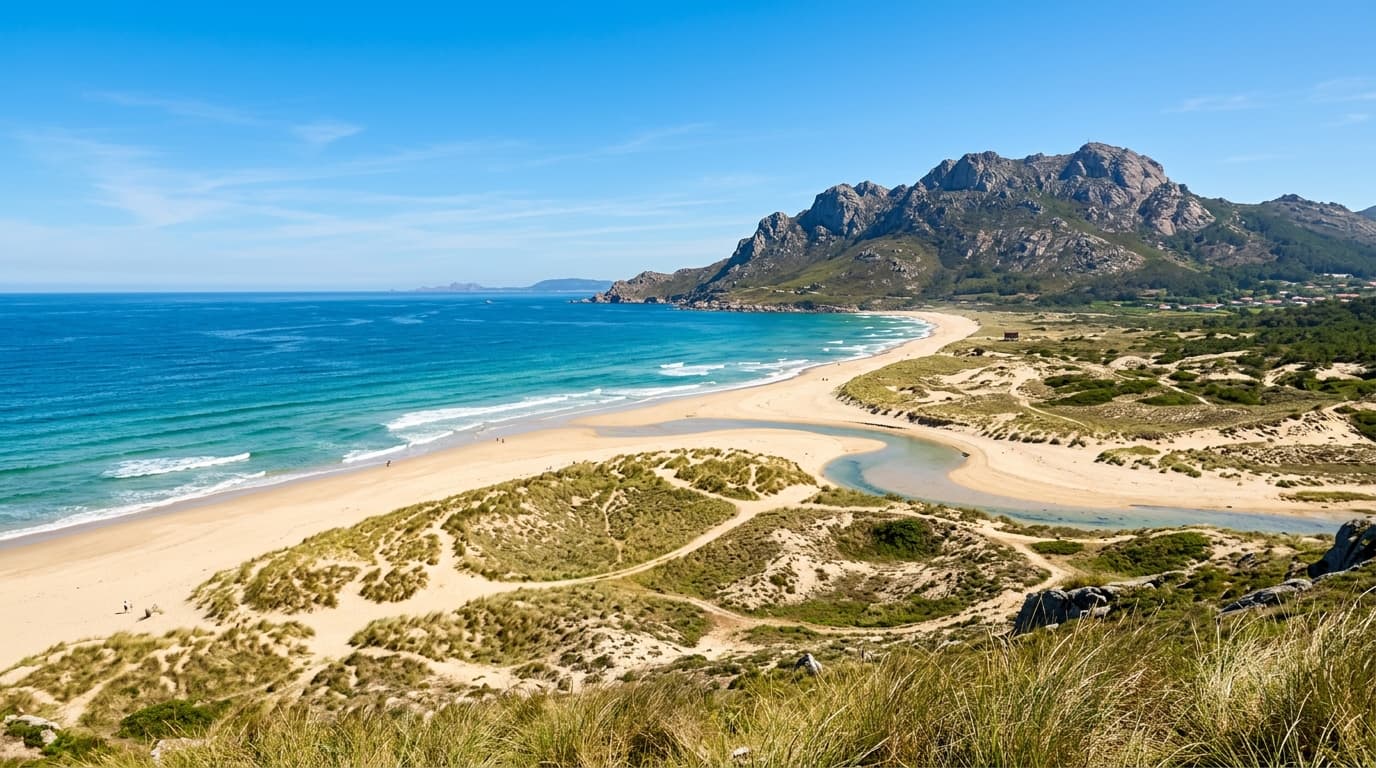 Espectacular playa de Carnota y Monte Pindo al atardecer